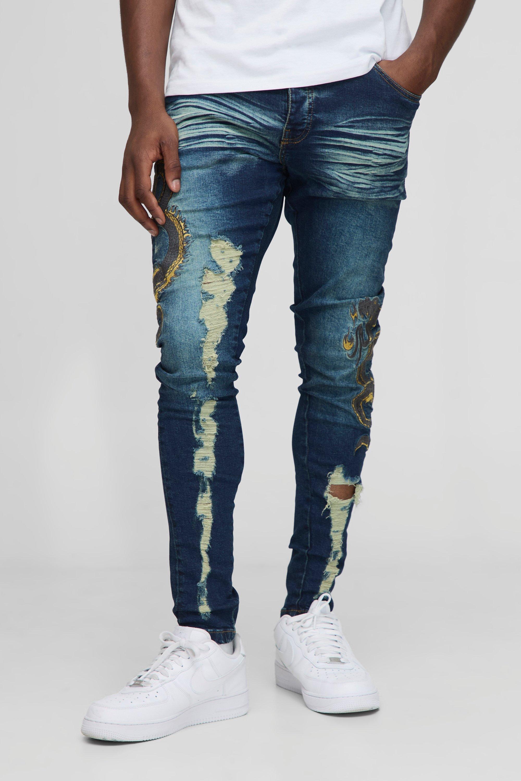Skinny Fit Distressed Snake Embroidery Jeans
